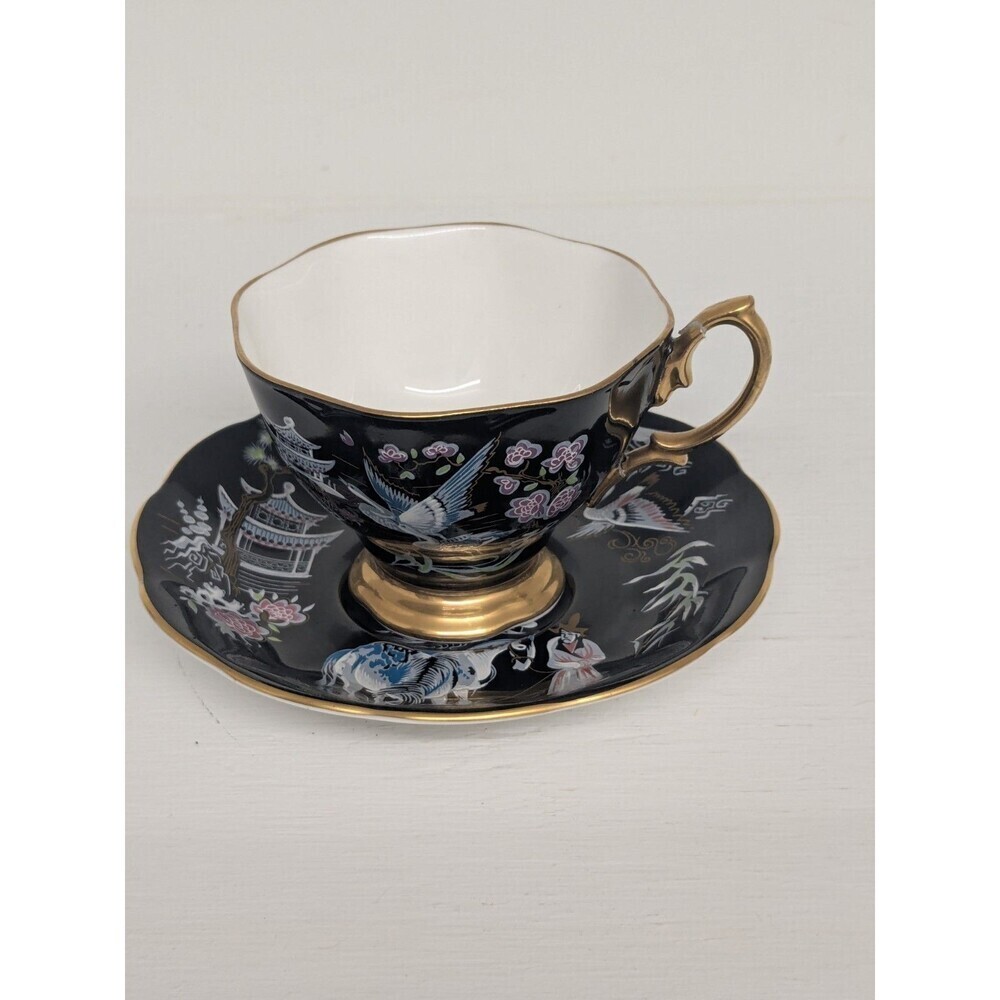 ROYAL ALBERT ORIENTAL TEA CUP SAUCER CHINOISERIE PAGODA HORSES BLACK GOLD *READ*